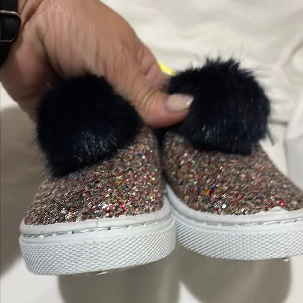 Capellini 11 Kids navy Glitter Slip-On Shoes with Faux Fur Pom nwt